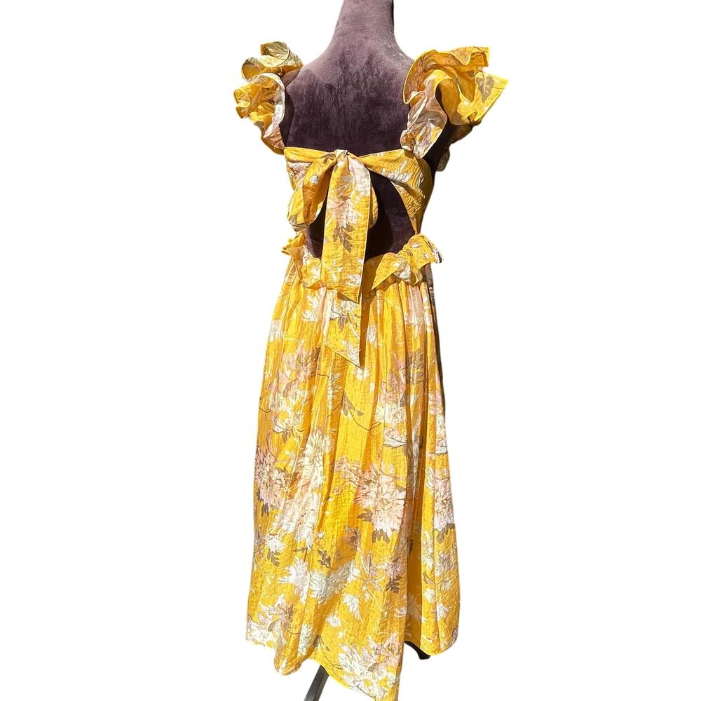 YELLOW FLORAL FLOUNCED TRIM MIDI MAXI SLEEVELESS DRESS SUMMER VACATION SZ S - Picture 2 of 6
